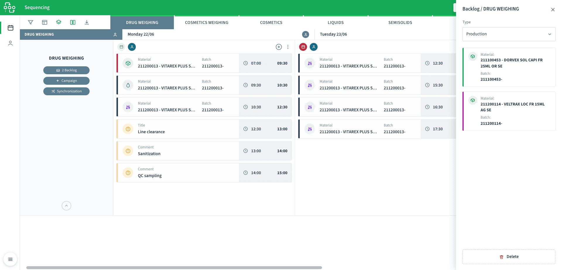 NEO APS backlog drawer for a sector listing unscheduled production orders with material and batch, alongside line-clearance and comment cards on the grid