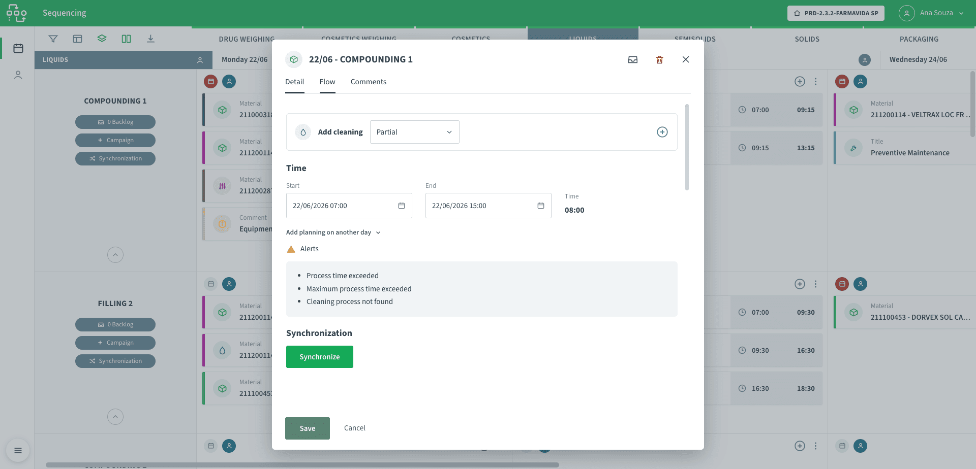 NEO APS order alerts showing process time exceeded, maximum process time exceeded and cleaning process not found, with a synchronize action
