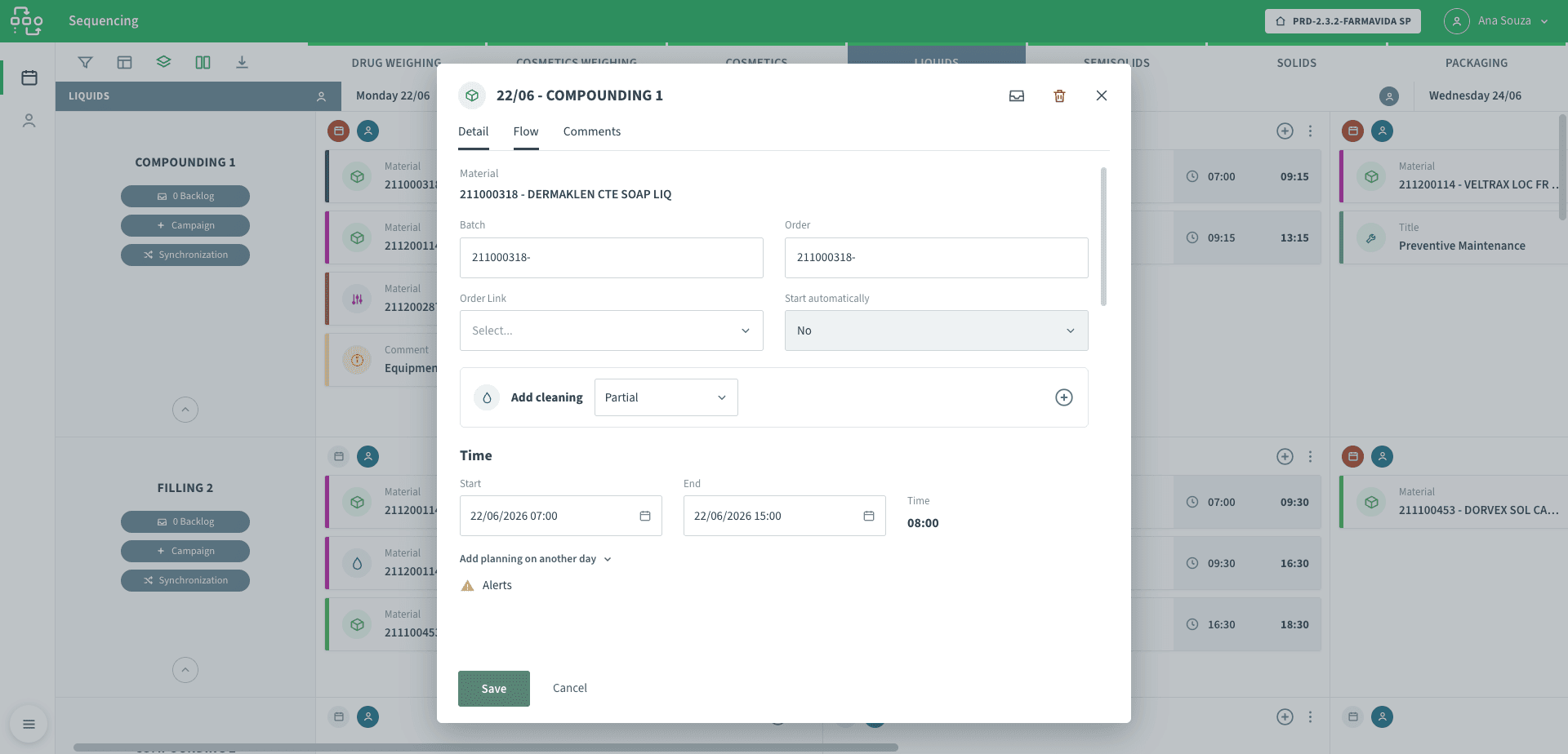 NEO APS order editor with material, batch, order link, add-cleaning option and start and end time computing the duration