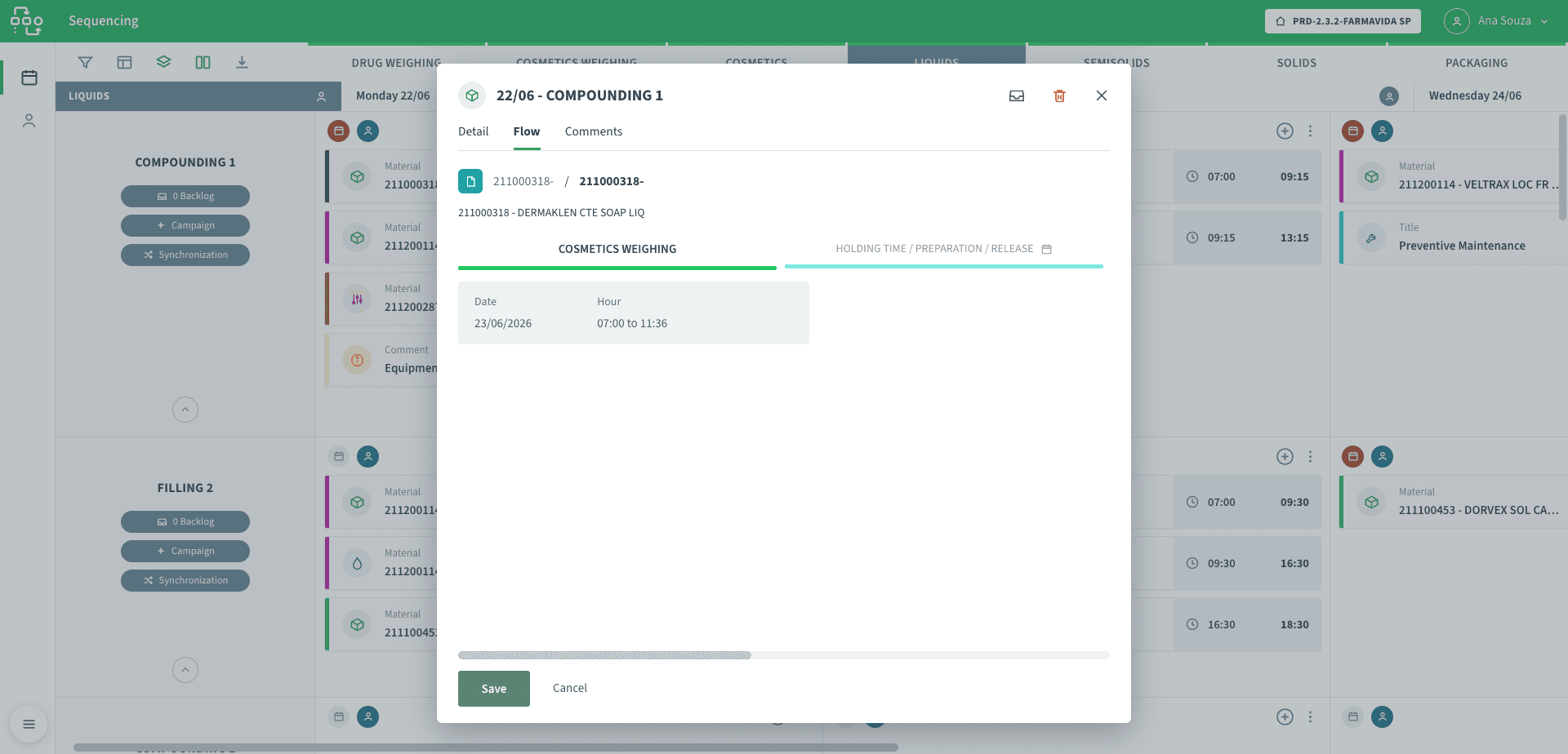NEO APS order flow tab showing the material routing steps — cosmetics weighing, holding time, preparation, release — with date and hour per step