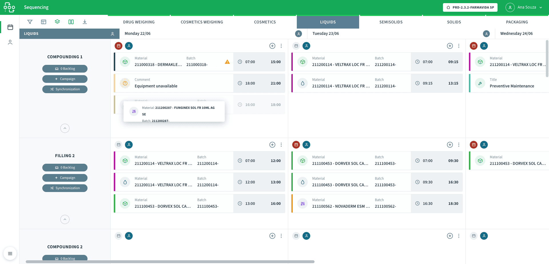 NEO APS sequencing grid with an order card being dragged to a new position within an equipment cell