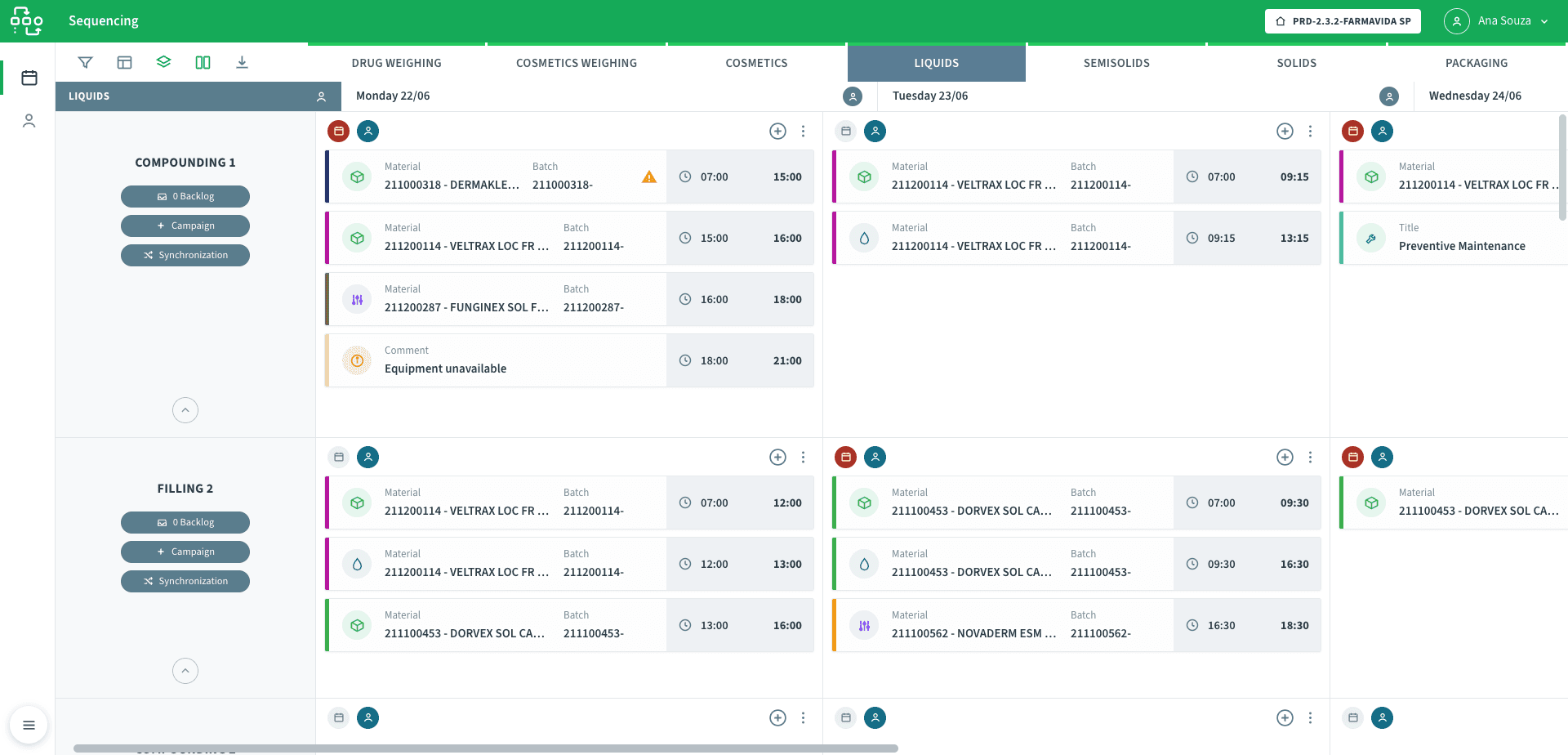 NEO APS sequencing grid with equipment rows across days and sector tabs, each cell holding ordered production, cleaning and maintenance cards with start and end times