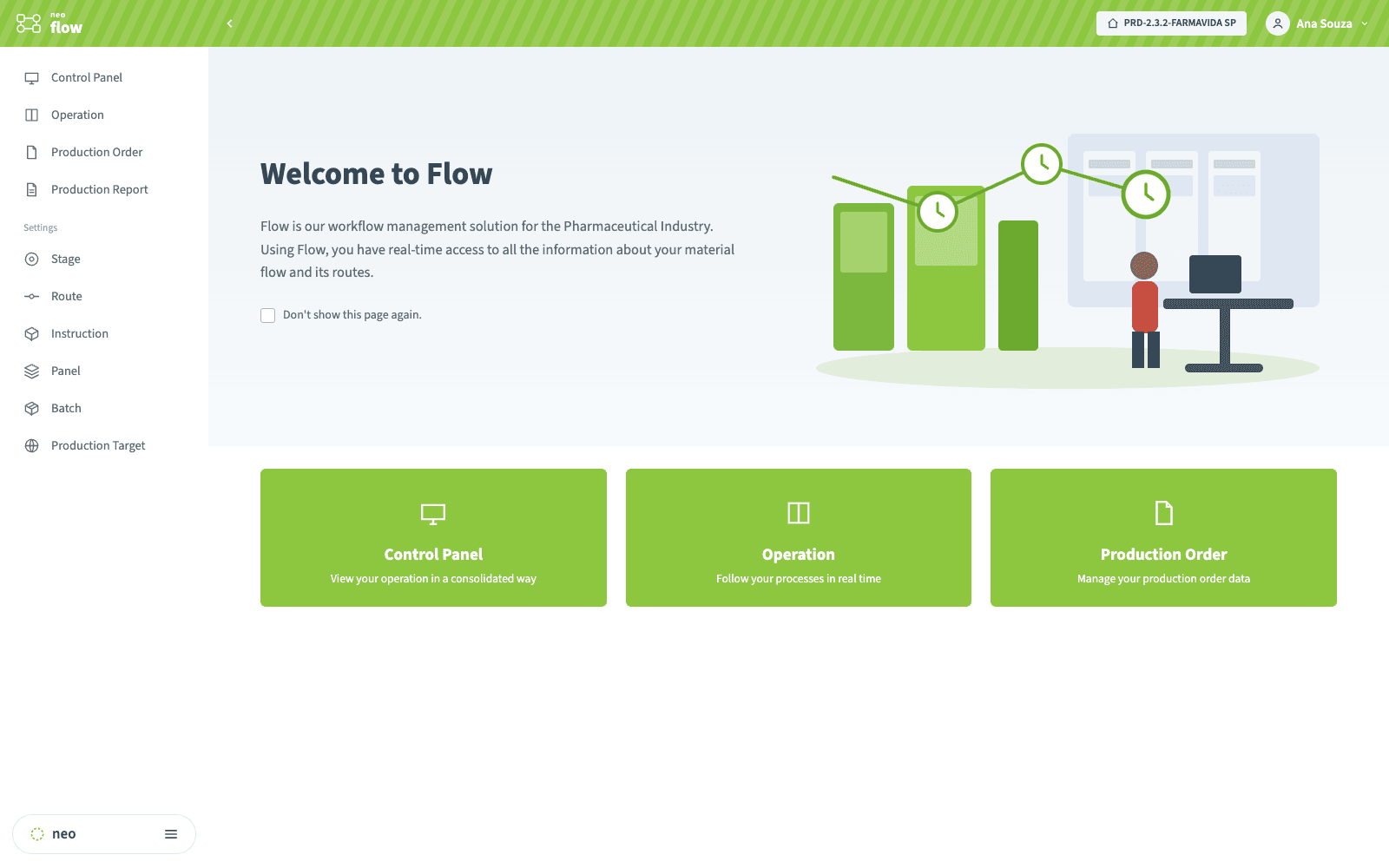 Pantalla de inicio de NEO FLOW con accesos a Panel de Control, Operación y Orden de Producción