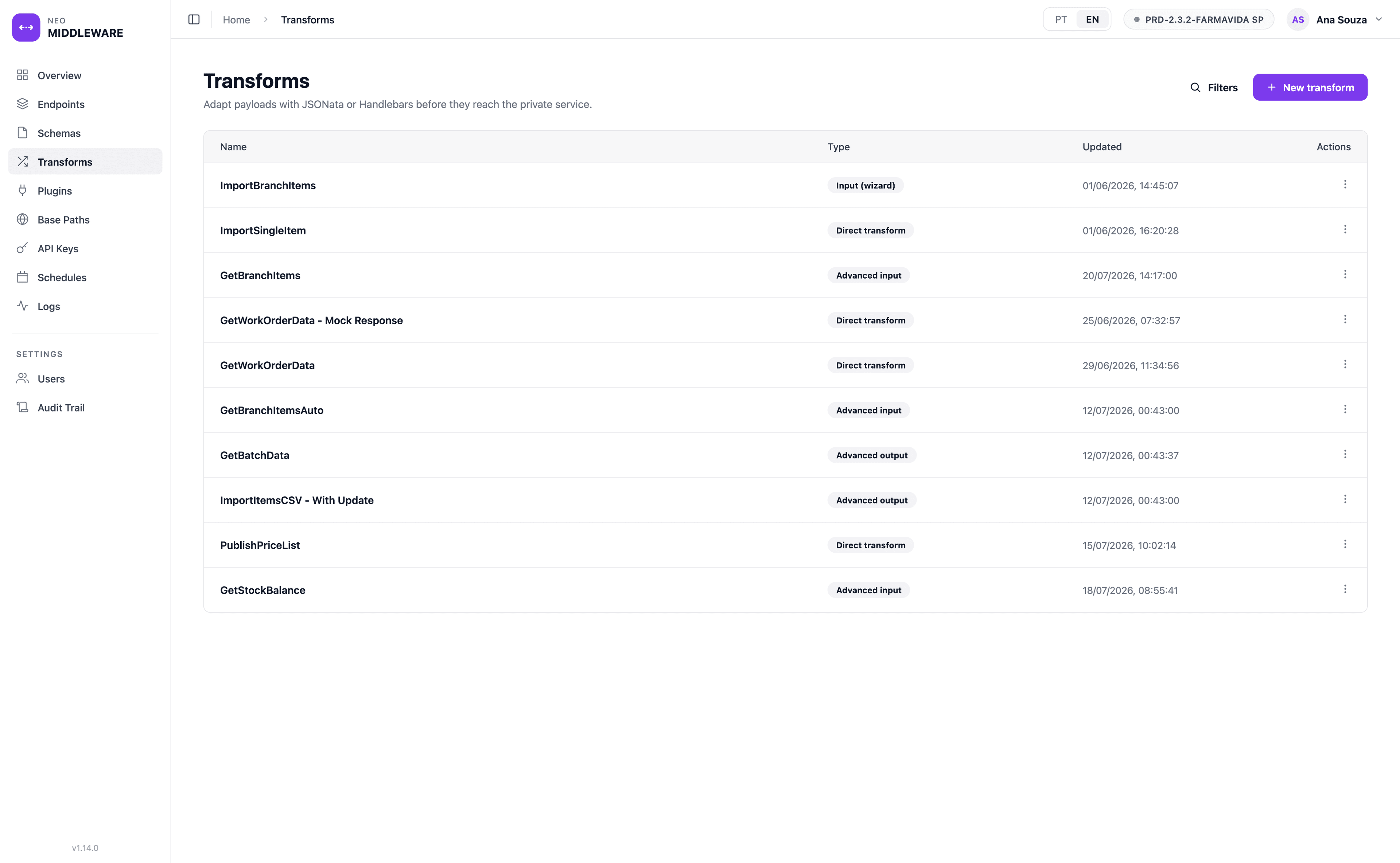 Transforms list in NEO Middleware adapting request and response payloads with JSONata and Handlebars