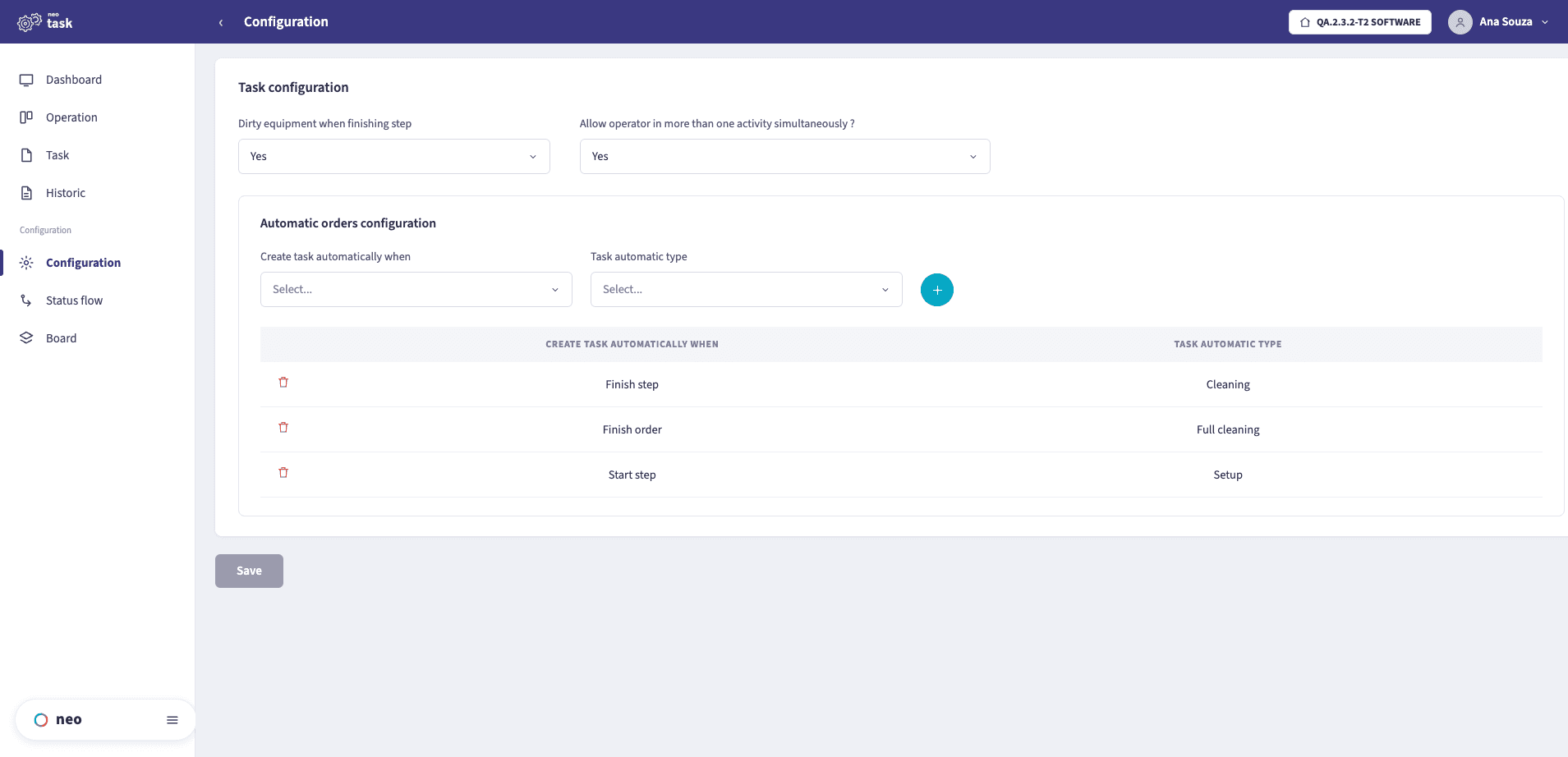 NEO TASK configuration: mark equipment dirty on finishing a step and create tasks automatically from production events