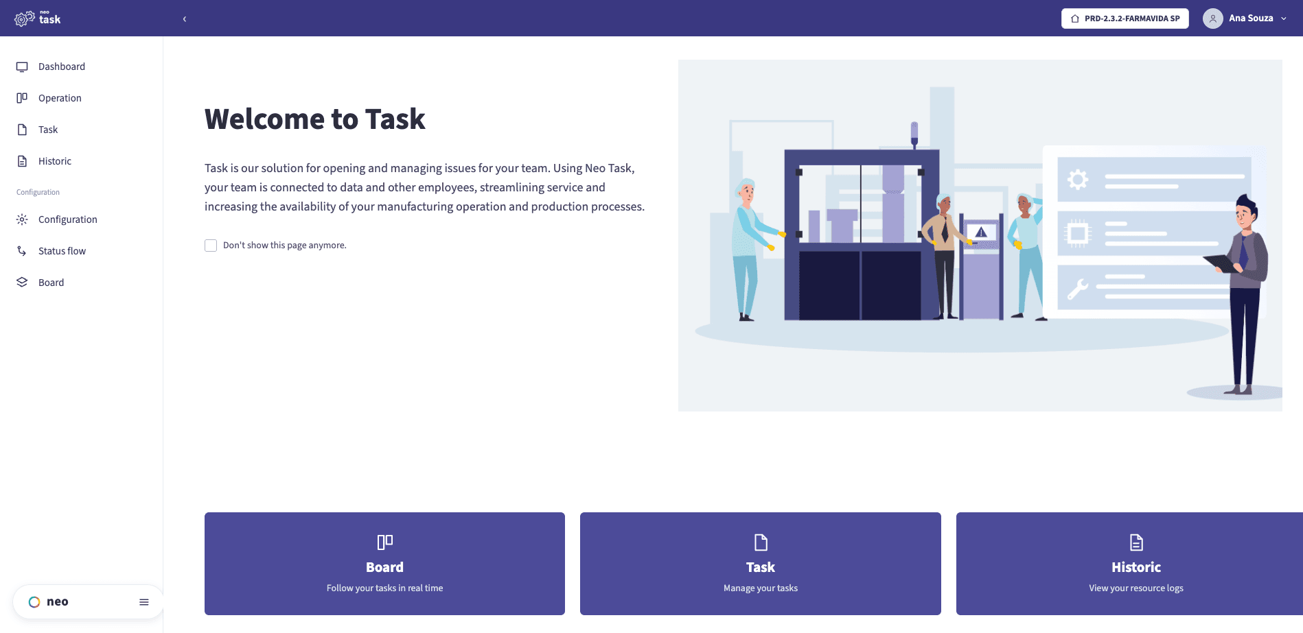 NEO TASK home screen with Board, Task and Historic shortcuts
