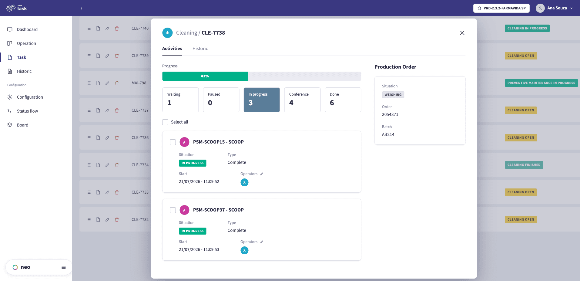 NEO TASK task detail with per-resource activities and progress, tied to a production order and batch