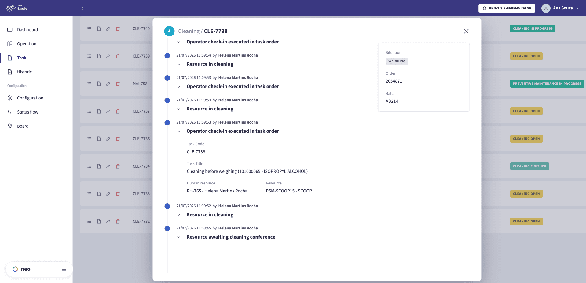 NEO TASK task history timeline: attributable, timestamped operator check-ins and cleaning states