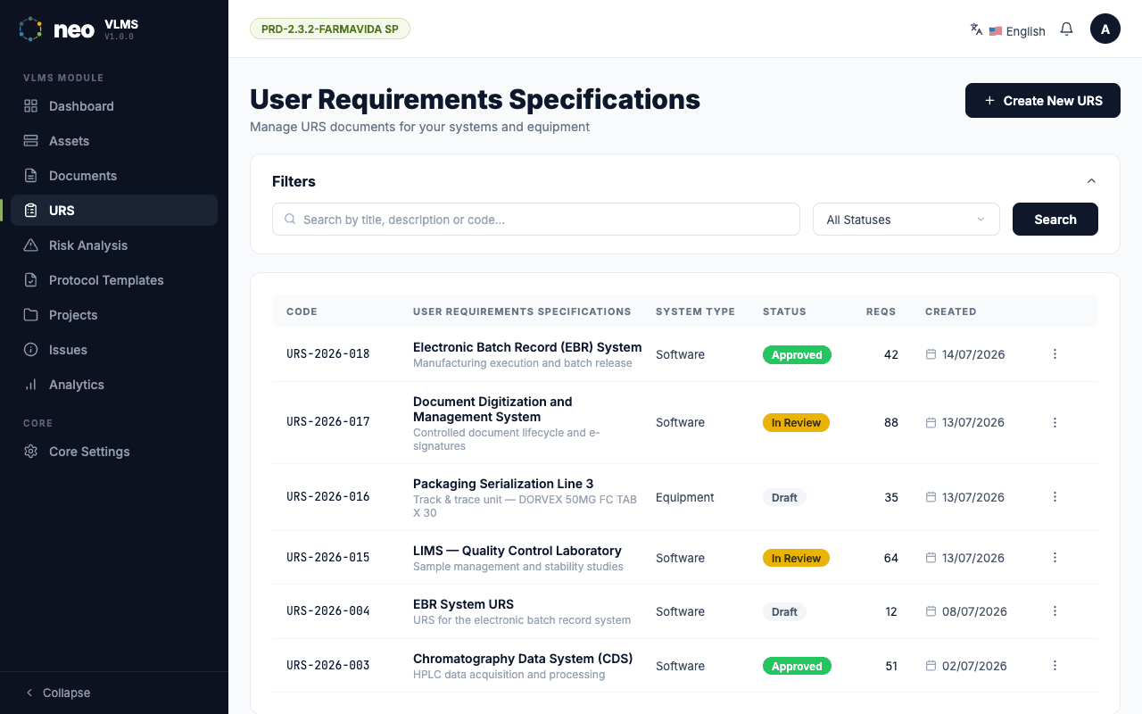 Lista de Especificaciones de Requisitos de Usuario en NEO VLMS con códigos, tipo de sistema y estado