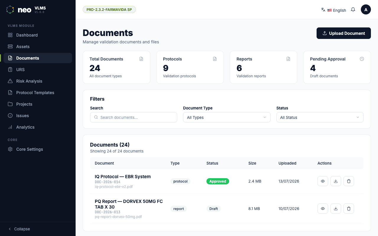 Repositorio de documentos controlados en NEO VLMS con versionado y fechas de validez