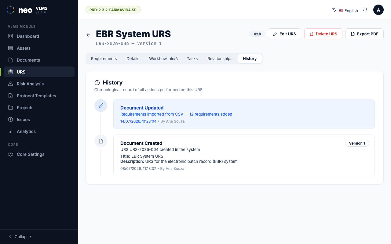 Historial y registro de auditoría de la URS en NEO VLMS: eventos de creación y actualización con versiones, autor y fecha/hora