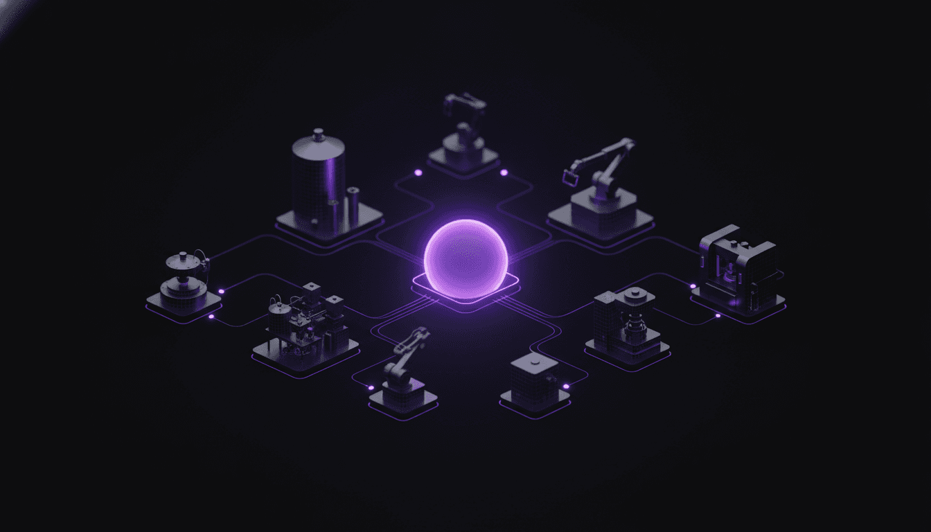 A complex network of interconnected industrial sensors and machines in a pharmaceutical manufacturing plant, with a cent