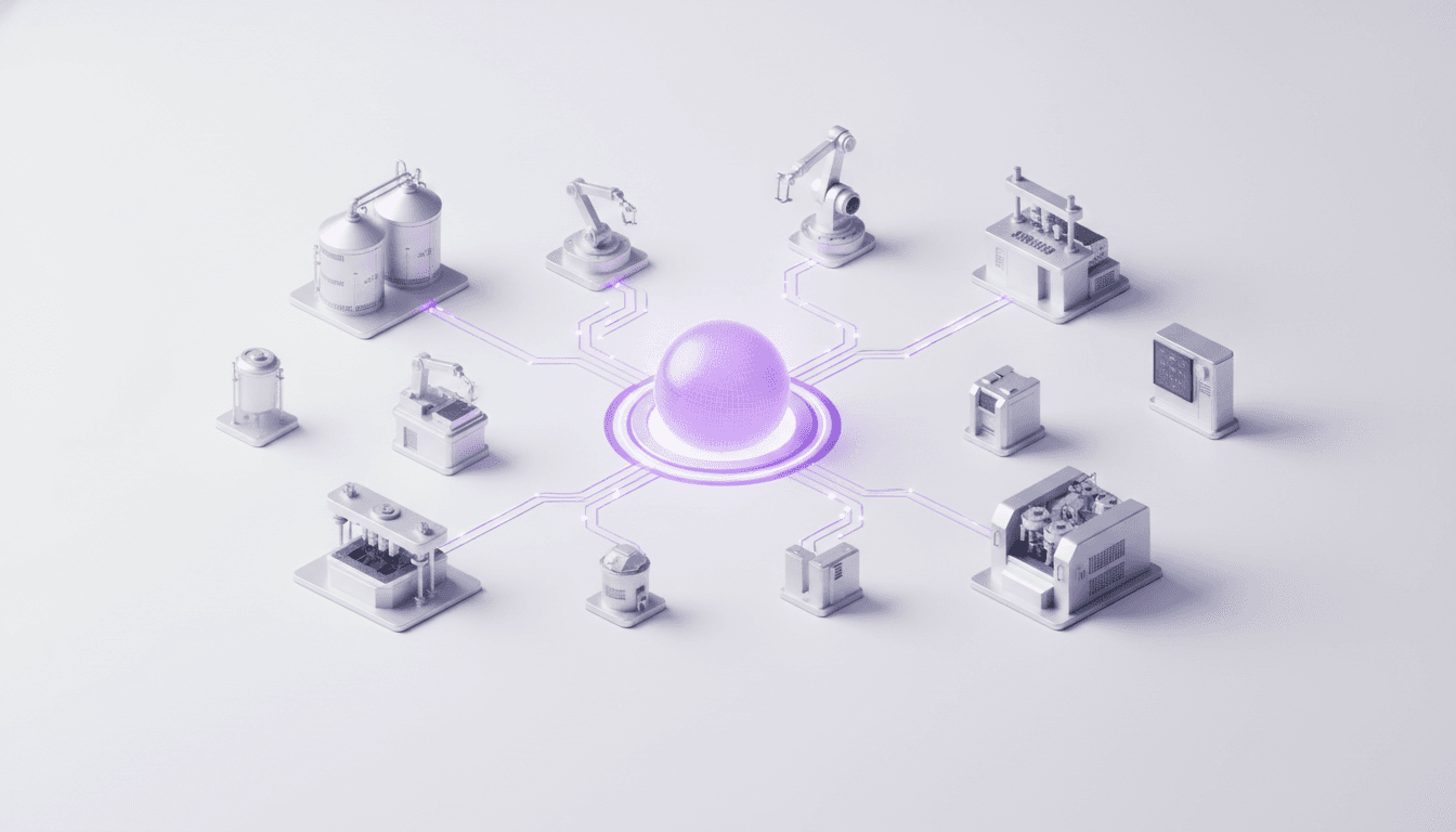 A complex network of interconnected industrial sensors and machines in a pharmaceutical manufacturing plant, with a cent