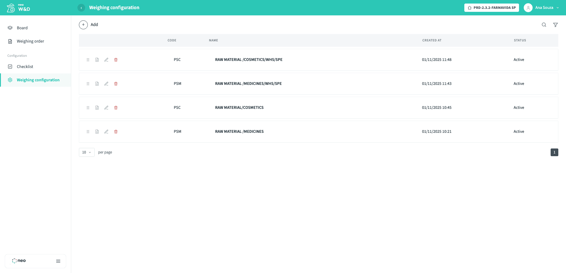 NEO W&D weighing configuration list mapping codes and names to raw-material groups for cosmetics and medicines
