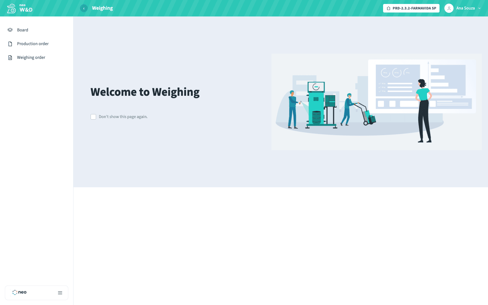 NEO W&D home screen with Board, Production order and Weighing order shortcuts