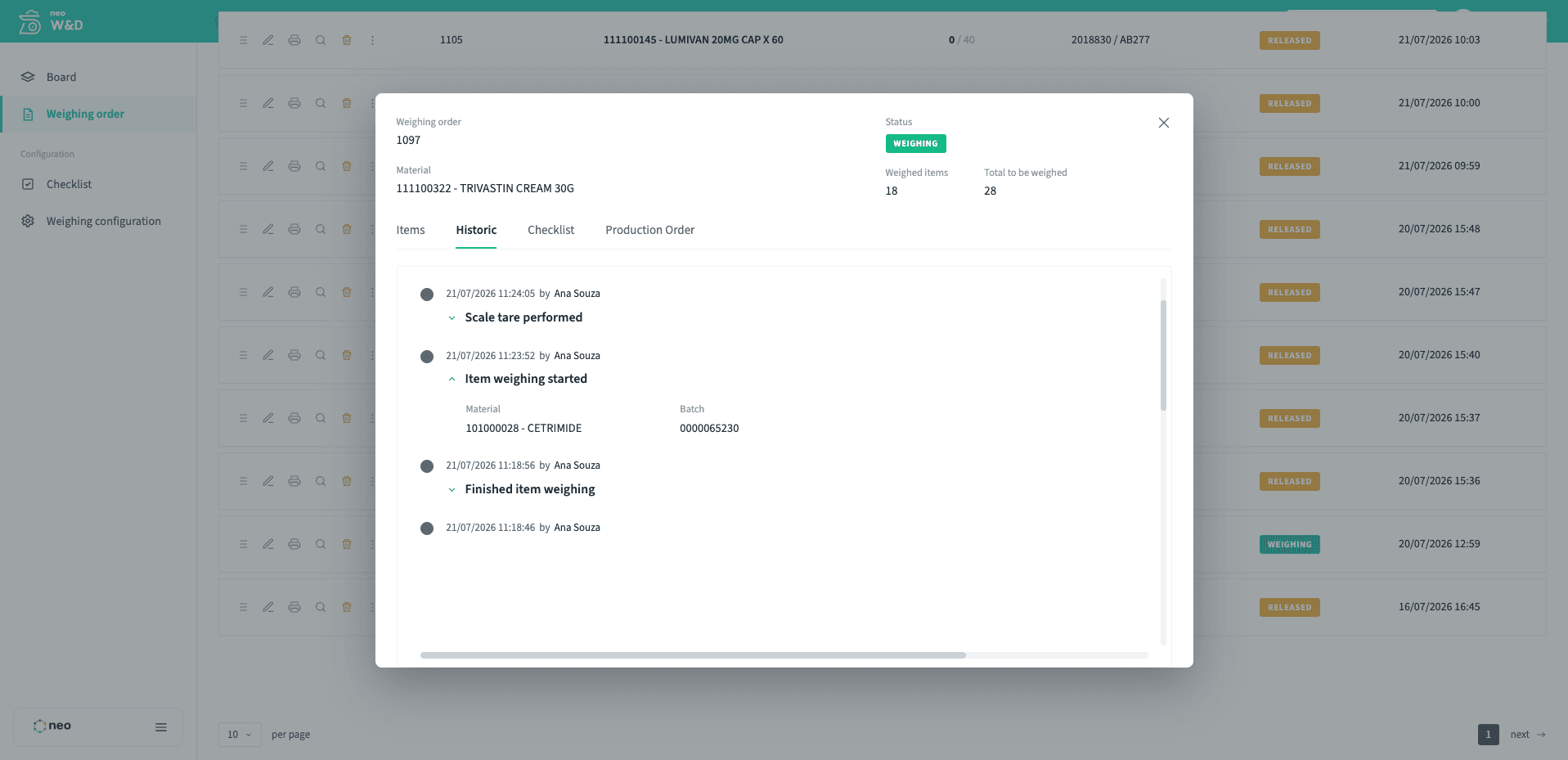 NEO W&D weighing order history timeline with attributable, timestamped events like scale tare performed and item weighing started, by operator