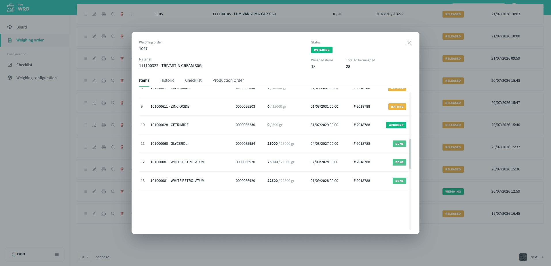 NEO W&D weighing order items with material, lot, weighed-versus-target grams, expiry date and per-item status of waiting, weighing or done